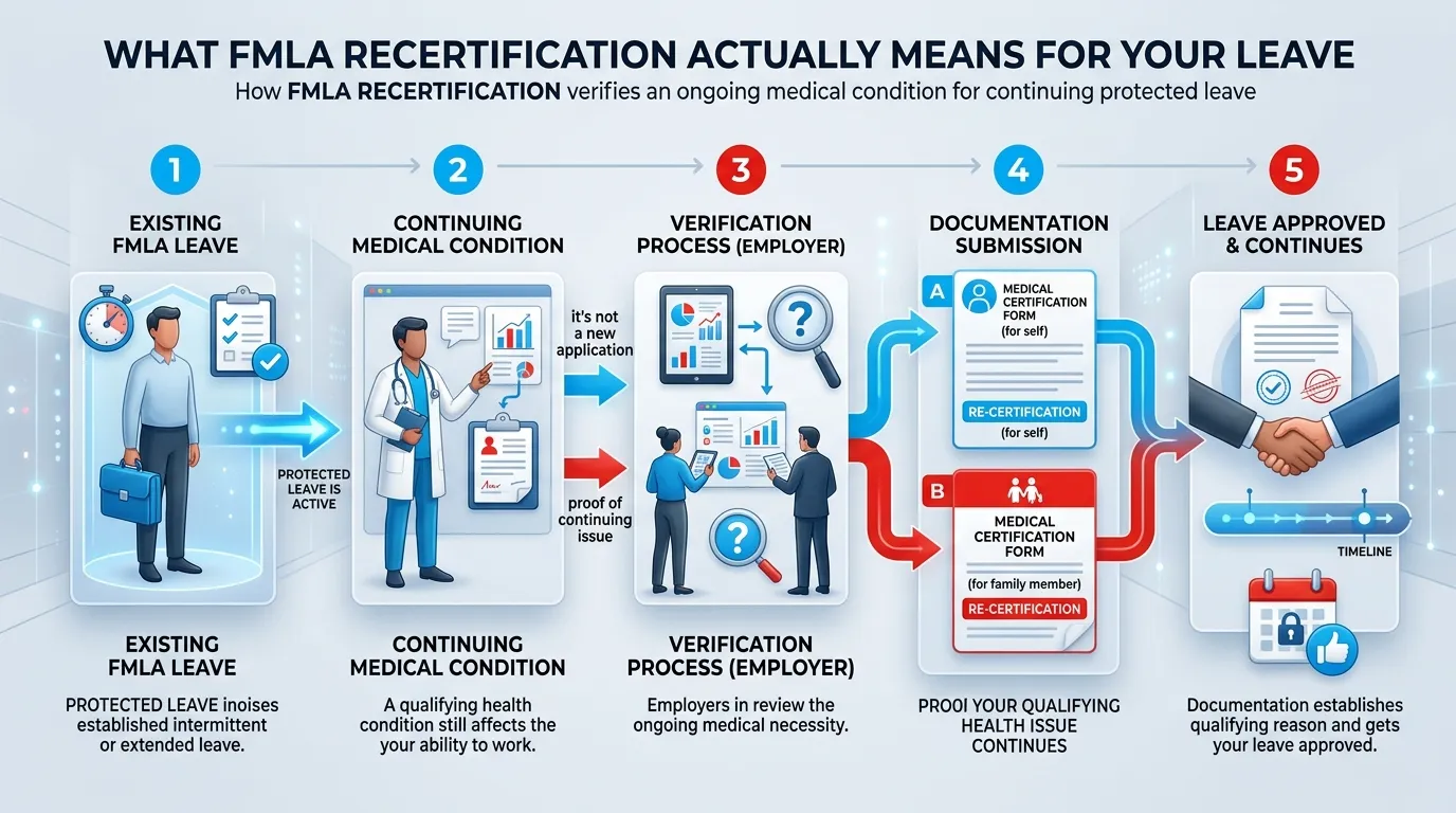What FMLA recertification actually means for your leave: existing FMLA leave, a continuing medical condition, the employer's verification process, documentation submission, and leave approved and continuing