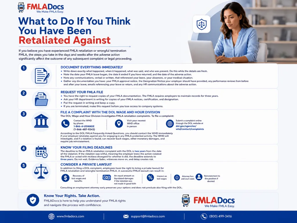 What to do if you think you have been retaliated against: document everything, request your FMLA file, file a DOL complaint, know deadlines, and consider a private lawsuit