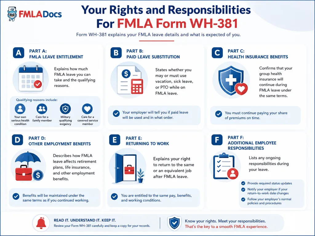Your rights and responsibilities under FMLA Form WH-381, Parts A through F of Section III